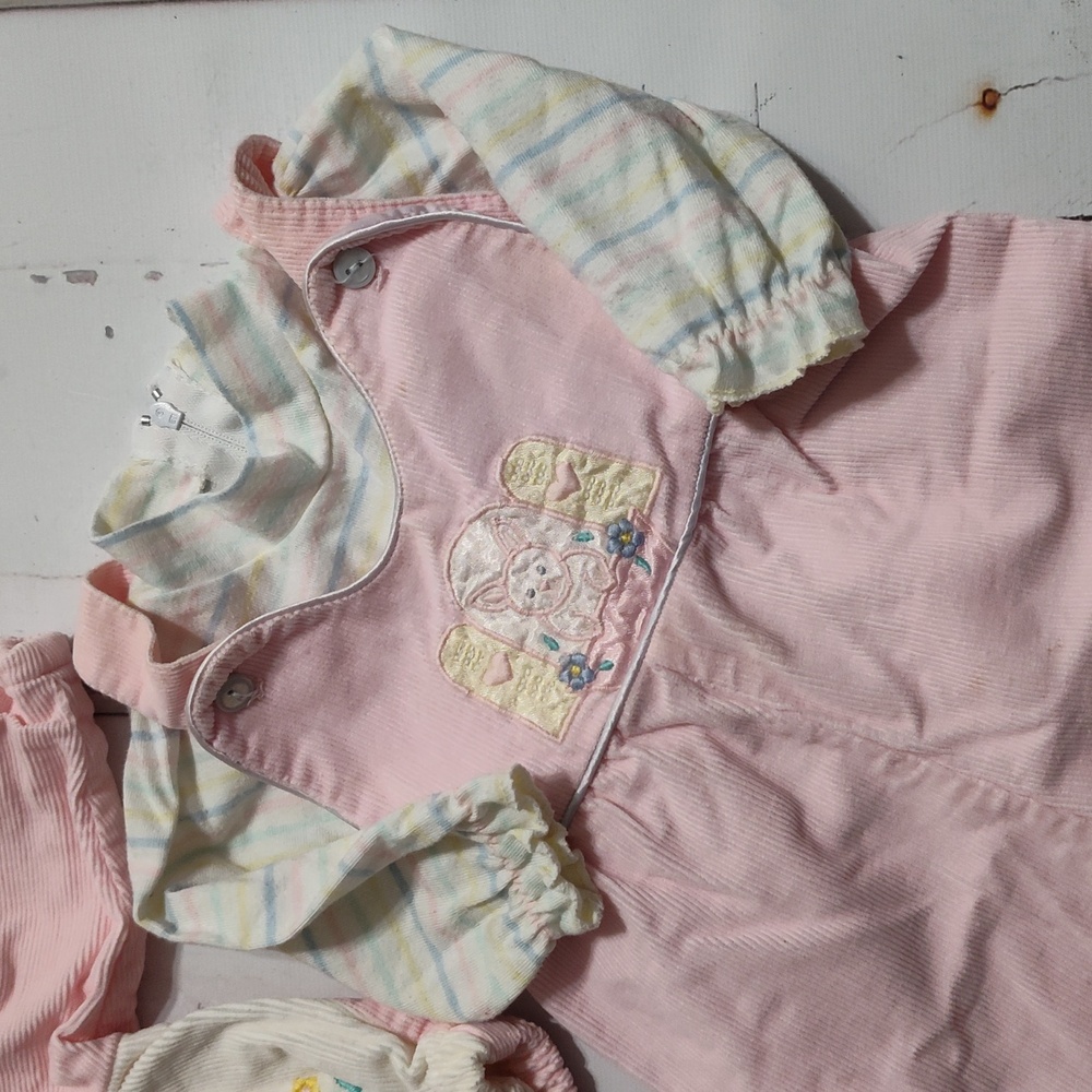 Vintage 80s Corduroy 3 piece Set Bunny Jacket Overalls - Picture 2 of 9